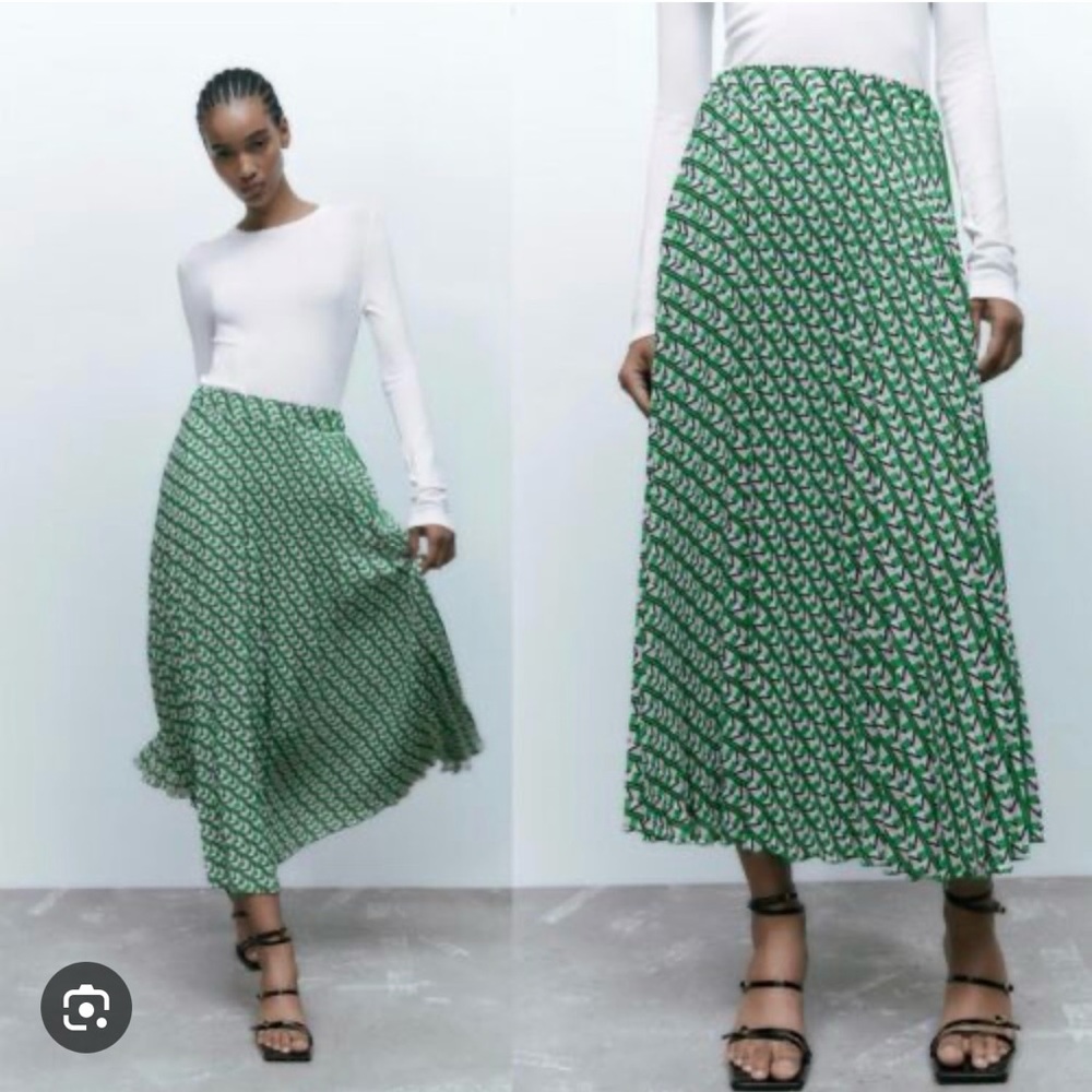 Zara Geometric Print Shirt in Green and White with matching pleated midi skirt